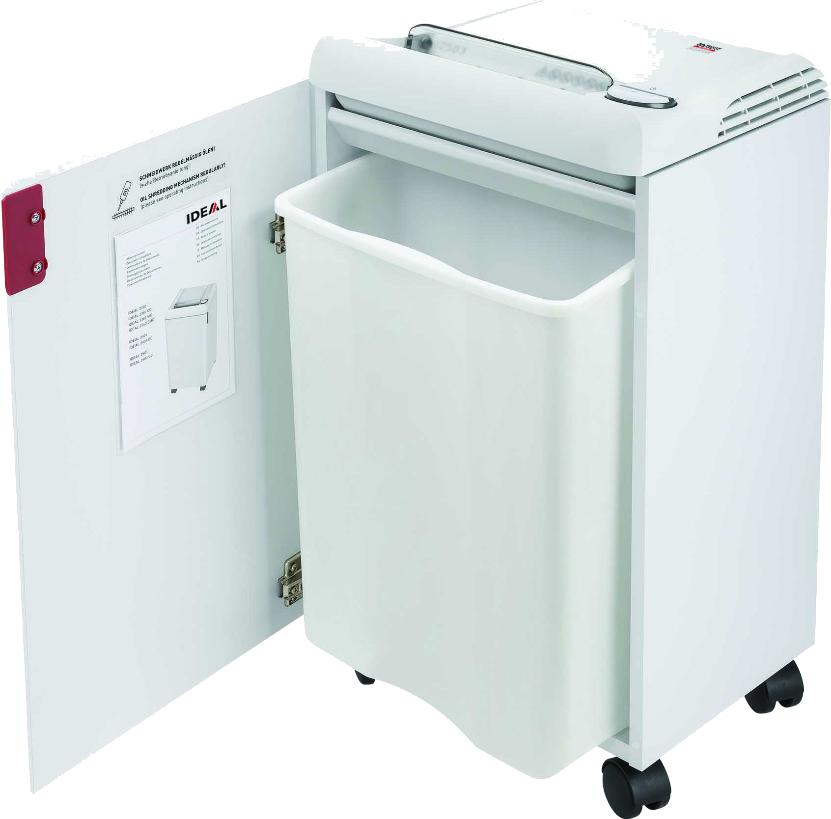 Ideal Destroyit 2503 shredder with cabinet open, showing the environmentally friendly shred bin