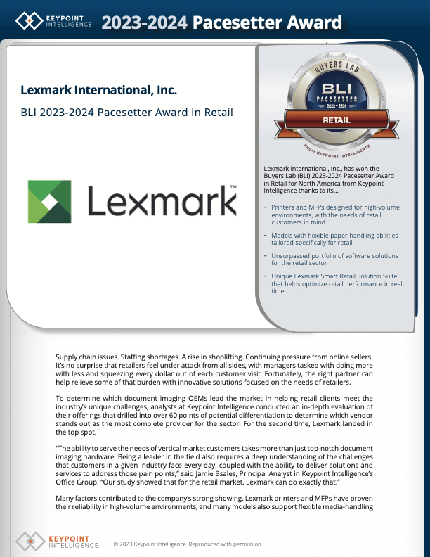 Front page of Lexmark BLI 2023-2024 Pacesetter Award in Retail flyer from Keypoint Intelligence