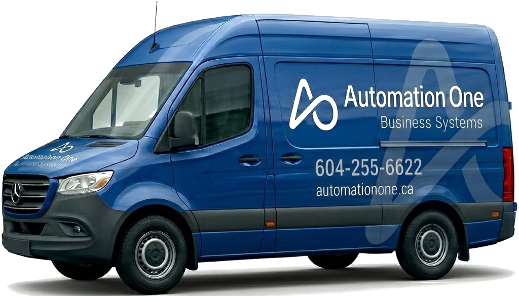 Blue Automation One Mercedes-Benz Sprinter service van with company logo, automationone.ca, and 604-255-6622 on the side