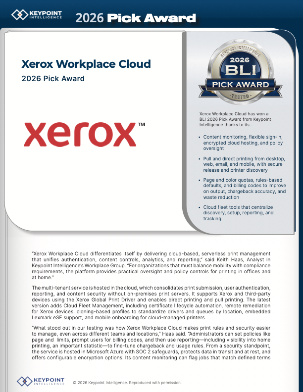 Front page of Xerox Workplace Cloud 2026 Pick Award flyer from Keypoint Intelligence
