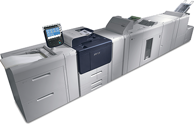Xerox® PrimeLink® B9110 production press with inline finisher and output tray
