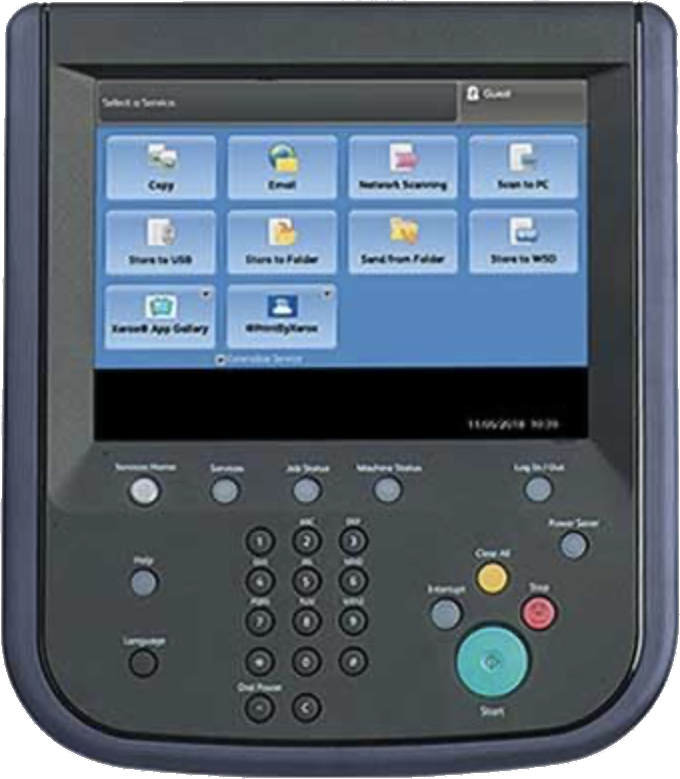 Xerox® PrimeLink® B9110 control panel with Copy, Email, Scan, and workflow apps